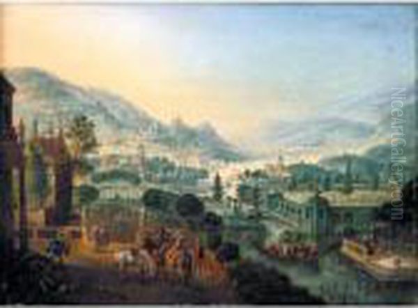 A Capriccio River Landscape With
 Elegant Figures On A Terrace Overlooking Pleasure Gardens Oil Painting by Jan Griffier I