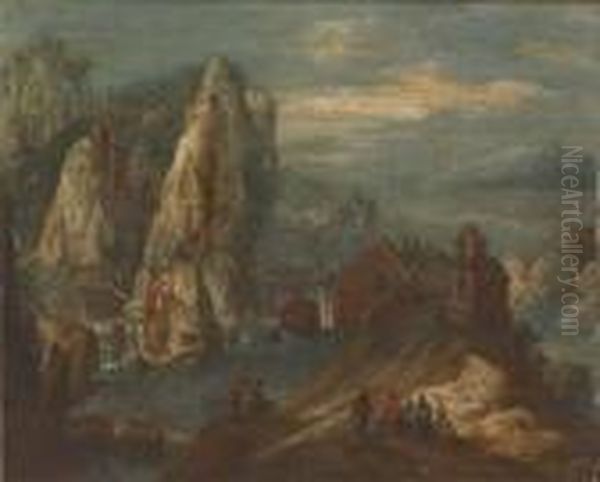 A Rhenish Landscape With Figures Resting On A Track Oil Painting by Jan Griffier I