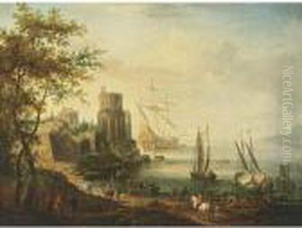 The Elder, A Southern Harbour 
Scene With A Man-of-war And Other Sailing Vessels, Travellers And 
Shepherds With Their Herd And Other Figures Unloading Vessels Oil Painting by Jan Griffier I