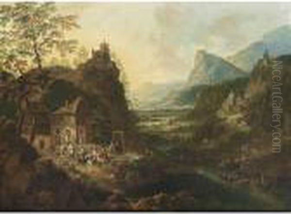 A Rhenish Mountainous River 
Landscape With Horsemen And Travellers Near An Inn, Fishing Boats On The
 River, And A Castle On A Hill Top And Other Castles And Villages Beyond Oil Painting by Jan Griffier I