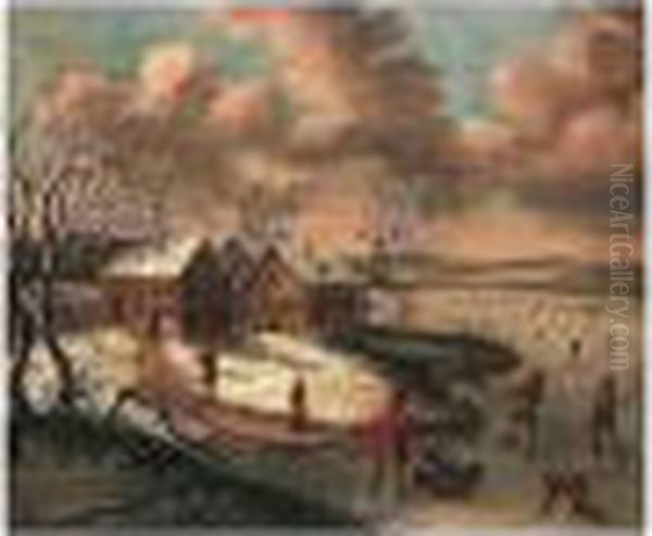 A Winter Landscape With Figures Skating On A Frozen River Before A Hamlet Oil Painting by Jan Griffier I