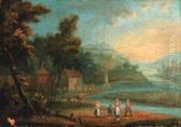 A River Landscape With Villagers In The Foreground Oil Painting by Jan Griffier I