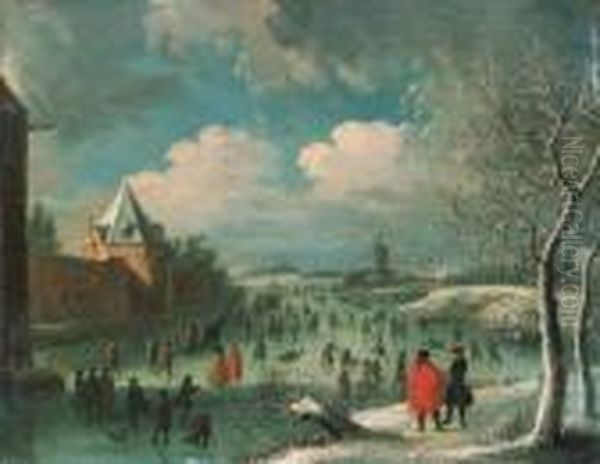 A Winter Landscape With Townsfolk Skating On A Frozen Moat Oil Painting by Jan Griffier I