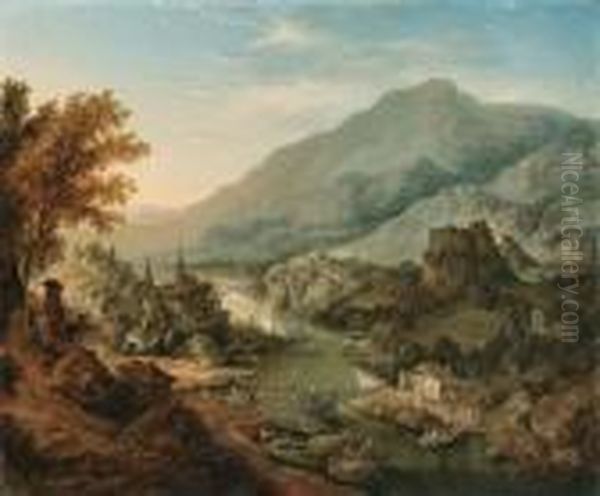 A Rhenish Landscape With Peasants And Boats In The Foreground, Atown Beyond Oil Painting by Jan Griffier I