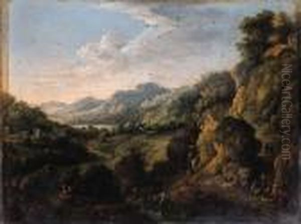 A Rhenish Landscape With Travellers On A Track By A Waterfall Oil Painting by Jan Griffier I