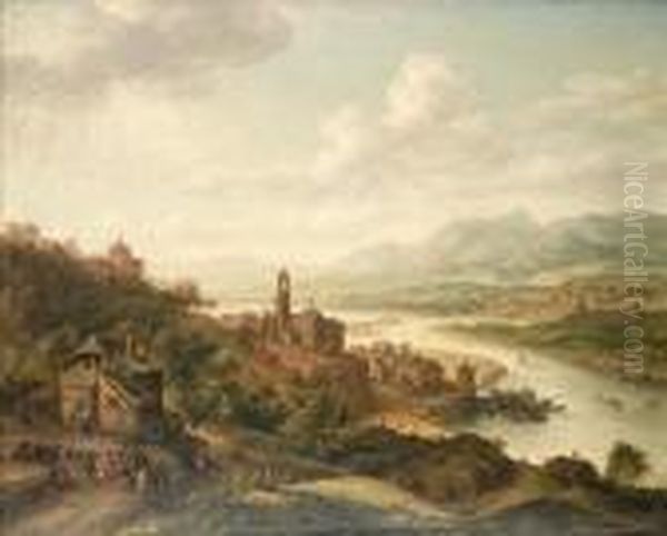 A Rhenish River Landscape With Figures Dancing Before A Village Inn Oil Painting by Robert Griffier