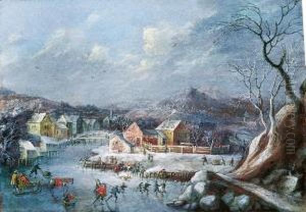 Winterlandschaft Mit Eislaufern Oil Painting by Robert Griffier