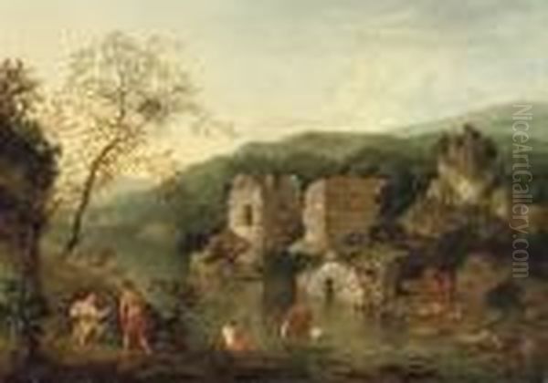 An Italianate Landscape With Classical Figures By A River, Ruins Beyond Oil Painting by Robert Griffier