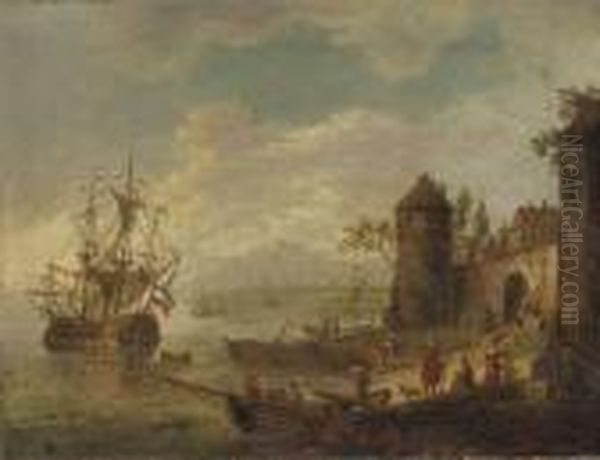 A Coastal Landscape With A 
Sailing Vessel Near A Walled Town, Otherboats And Figures Nearby Oil Painting by Robert Griffier