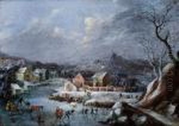 Winterlandschaft Mit Eislaufern. Oil Painting by Robert Griffier