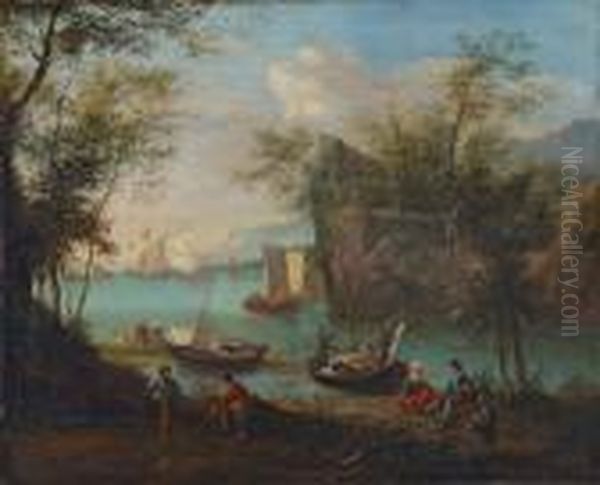 Bewaldete Flusslandschaft Mit Segelschiffen Und Fischern. Oil Painting by Robert Griffier