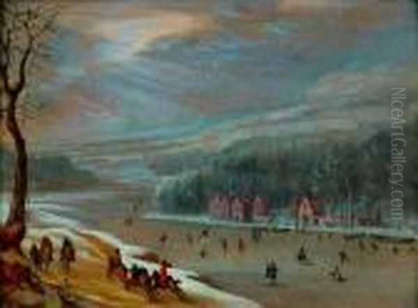 Paysage De Riviere Gelee Anime De Patineurs Oil Painting by Robert Griffier