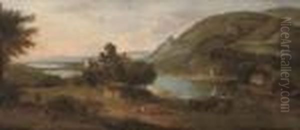 An Extensive River Landscape With A Barge, Figures, Livestock And A Ruined Castle Oil Painting by Robert Griffier