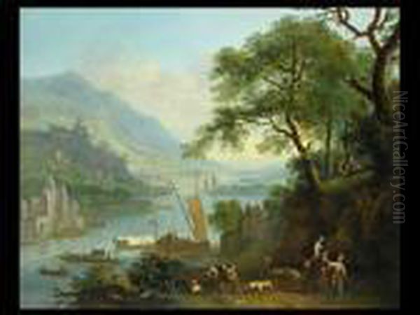 Flusslandschaft Mit Burgen, Schiffen Und Fahre Sowie Hirten Undreitern
Rechts Am Felsen Signiert Oil Painting by Robert Griffier