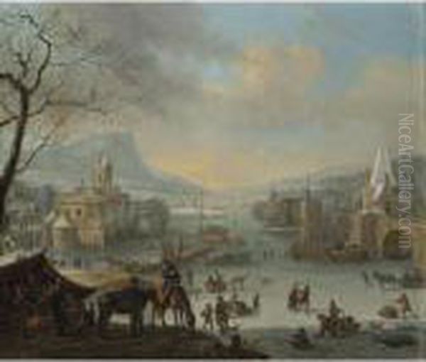 An Extensive Winter Landscape 
With Skaters On A Frozen River And Peasants Warming Themselves Near A 
Fire In The Foreground Oil Painting by Robert Griffier