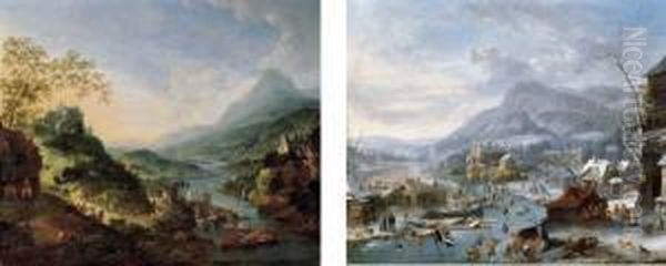 Summer: An Extensive Rhenish 
Landscape With Boats At A Quayside And Peasants By An Inn; And Winter: A
 Frozen Winter Landscape With Peasants Oil Painting by Robert Griffier