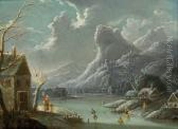 Giochi Sul Ghiaccio In Un Lago Montano Invernale Oil Painting by Robert Griffier