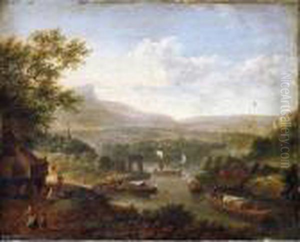 A Rhenish River Landscape With Figures Seated Outside A Tavern In The Foreground Oil Painting by Robert Griffier