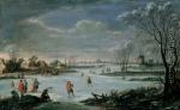 Winterlandschaft Mit Zugefrorenem Kanal Und Eislaufern. Oil Painting by Robert Griffier