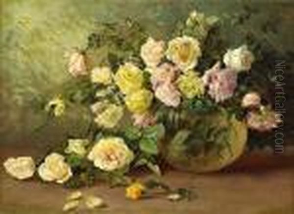 A Still Life With Pink And Yellow Roses Oil Painting by Marie Osthaus Griffith