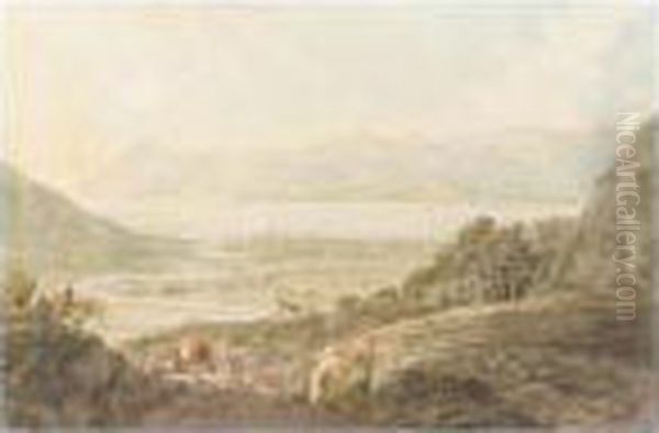 View On The Dee Near Pentir And 
Llantysilio; The Windings Of The Dee And Bala Lake, Merionethshire Oil Painting by Moses Griffiths