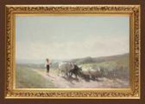 Peasant Girl With A Tow On The Road Oil Painting by Nicolae Grigorescu