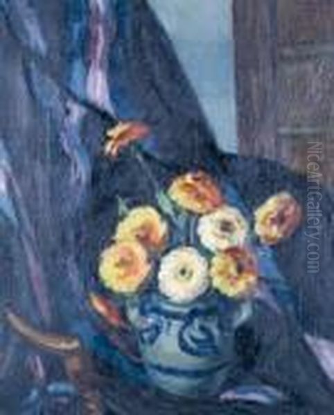 Vase De Fleurs Au Drape Oil Painting by Roger Grillon