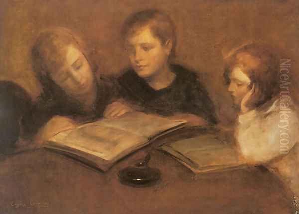 Girls Reading Oil Painting by Eugene Carriere