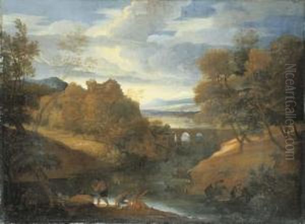 A Classical River Landscape With Figures Fishing Oil Painting by Giovanni Francesco Grimaldi