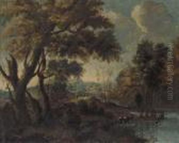 A Mountainous River Landscape With A Herdsman Watering Hiscattle Oil Painting by Giovanni Francesco Grimaldi