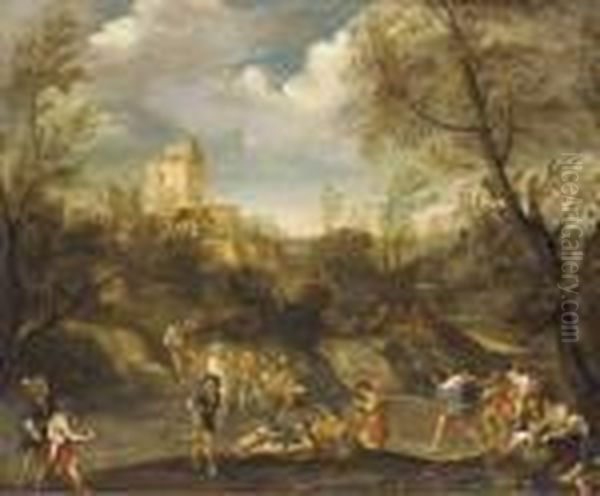 A Wooded Landscape With Figures Making Merry Oil Painting by Giovanni Francesco Grimaldi