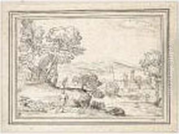 Panoramic River Landscape, With Monastic Buildings In The Middle Distance Oil Painting by Giovanni Francesco Grimaldi