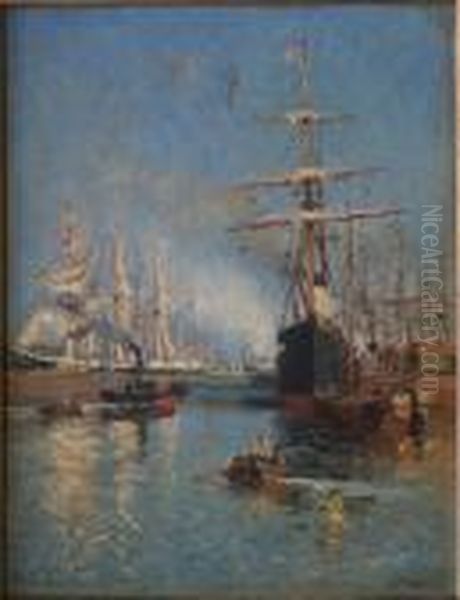 Scene De Port Animee Oil Painting by Johannes Martin Grimelund