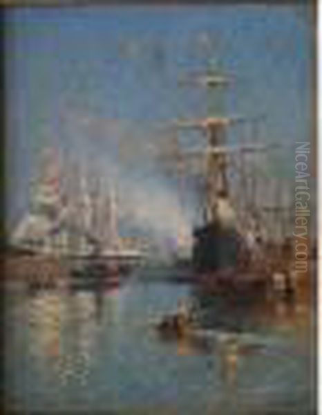 Scene De Port Animee Oil Painting by Johannes Martin Grimelund