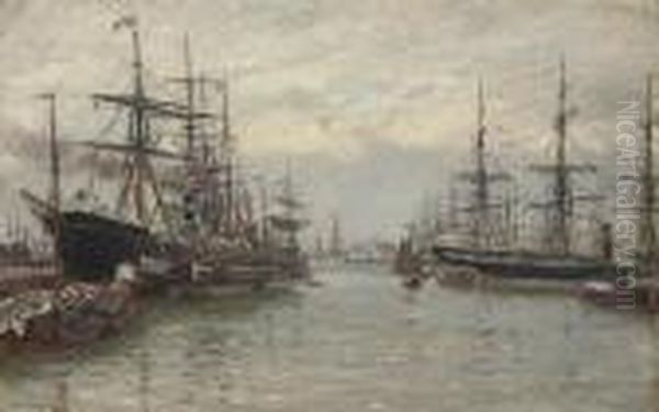 A Bustling Scandinavian Harbour, With The Steamer Oil Painting by Johannes Martin Grimelund