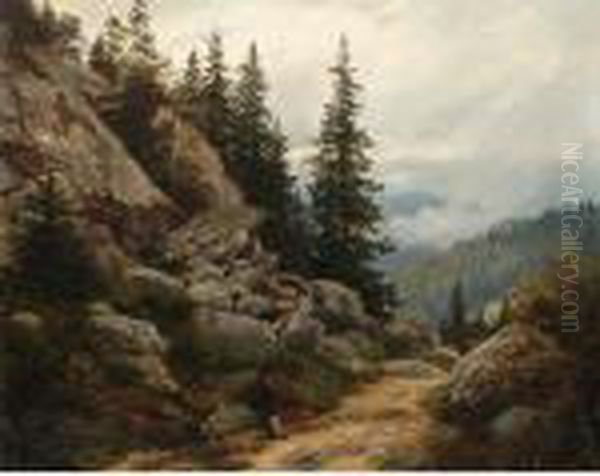 Traveller Resting Along A Path In A Mountain Landscape Oil Painting by Johannes Martin Grimelund