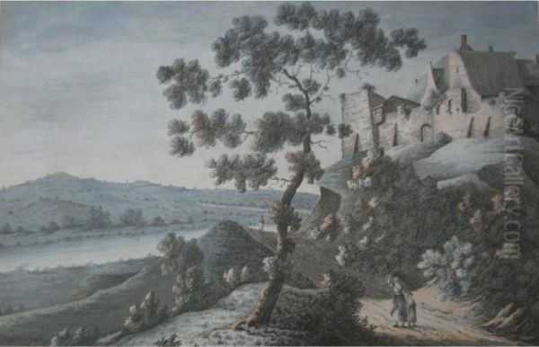 Countryfolk On A Path Beneath A Walled House Oil Painting by Samuel Hieronymus Grimm