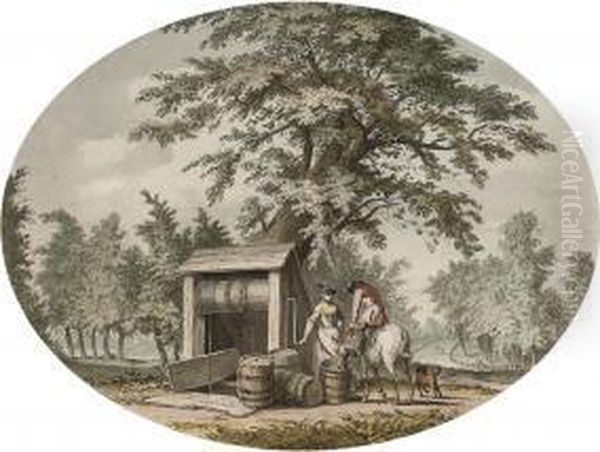 Watering A Horse At The Well Oil Painting by Samuel Hieronymus Grimm