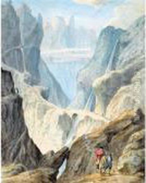 The Schollenen Gorge And The Devil's Bridge Between Glarus And The Grisons, Switzerland Oil Painting by Samuel Hieronymus Grimm