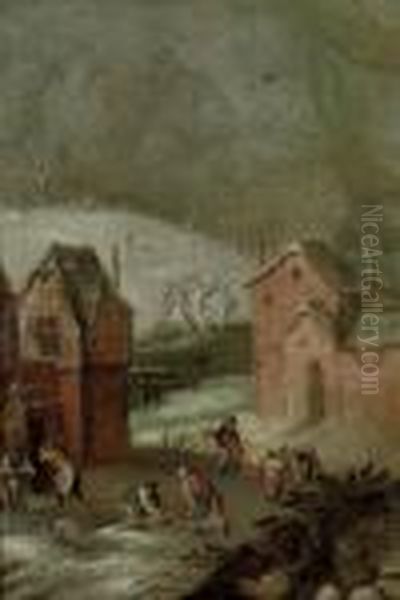 A Winter Landscape With Peasants Slaughtering Pigs In A Courtyard Oil Painting by Abel Grimmer