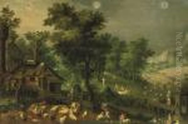 An Allegory Of Summer With Three
 Signs Of The Zodiac: A Wooded Landscape With Peasants Shearing Sheep 
And Harvesting Corn Oil Painting by Abel Grimmer