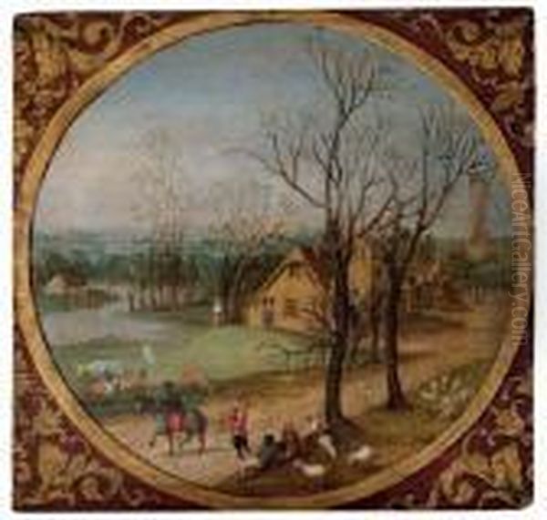 Autumn: A Village Scene With 
Peasants And Livestock By A Road, Cottages And A Windmill Beyond, In A 
Feigned Roundel, The Spandrels Decorated With An Acanthus Motif Oil Painting by Abel Grimmer