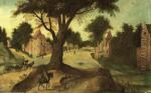 A Wooded Landscape With Travellers Entering A Town Oil Painting by Abel Grimmer