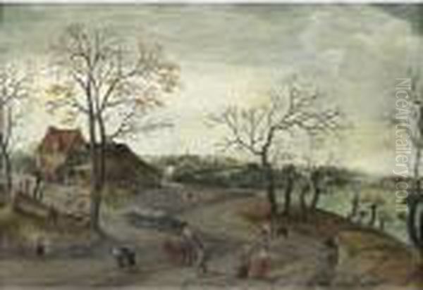 Autumn: A River Landscape With Peasants And Woodcutters On A Road Near A Village Oil Painting by Abel Grimmer