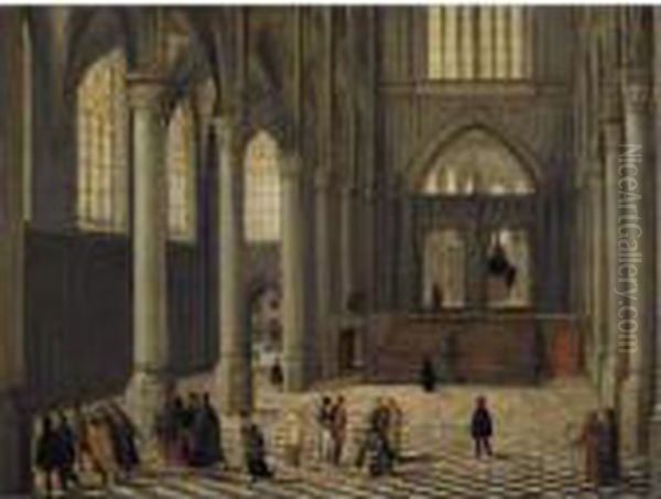 A Church Interior With Christ And The Woman Taken In Adultery Oil Painting by Abel Grimmer