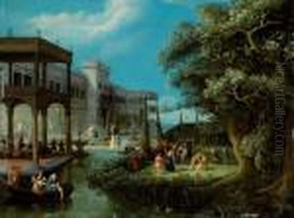 Elegant Society Amidst A Palace Garden. Oil Painting by Abel Grimmer