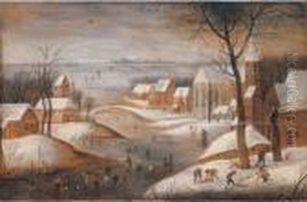 A Wooded Winter River Landscape 
With A Town, Skaters Andwoodchoppers, Another Town Beyond Oil Painting by Abel Grimmer