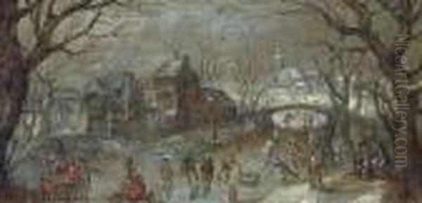 A Winter Townscape With Skaters On A Frozen Lake Oil Painting by Abel Grimmer