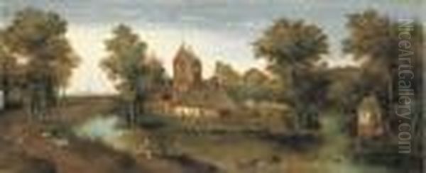 A Moated Tower With Farmhouses Oil Painting by Abel Grimmer