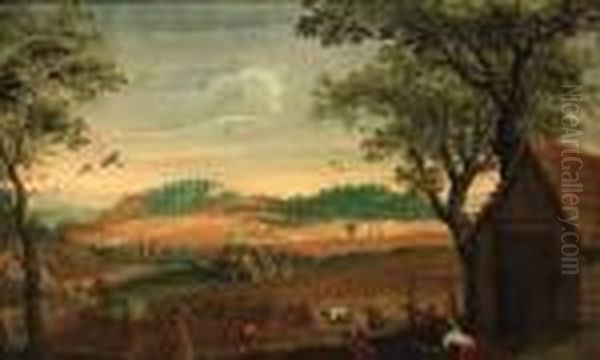 A Harvest Landscape With Peasants Toiling In A Field, A Farmsteadbeyond Oil Painting by Abel Grimmer